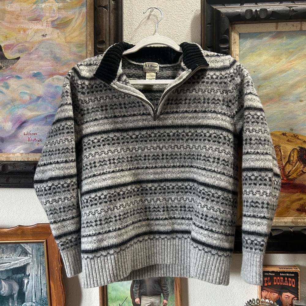 Vintage L.L. Bean Black and Gray Fair Isle Cabin core Zip Up Sweater size medium